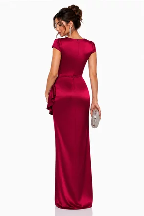 Rochie Fofy elegantă lunga din tafta bordo cu nod stilizat