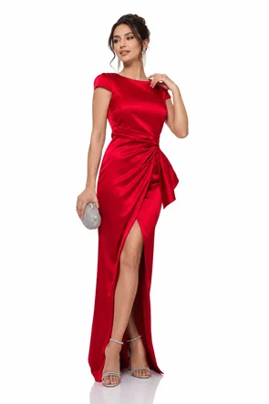 Rochie Fofy elegantă lunga din tafta rosie cu nod stilizat