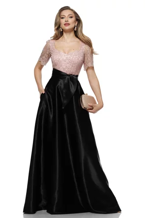 Rochie Fofy elegantă lunga din tafta usor elastica cu bust din dantela luxcu paiete fine