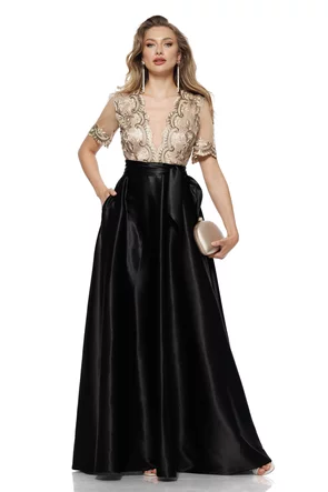 Rochie Fofy elegantă lunga din tafta usor elastica cu bust din dantela premium 