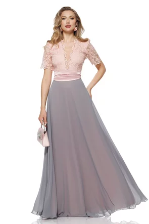 Rochie Fofy elegantă lunga din voal gri cu bust din dantela premium floriroz