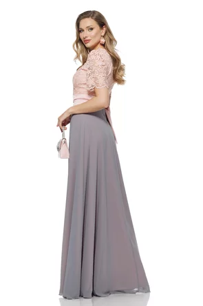 Rochie Fofy elegantă lunga din voal gri cu bust din dantela premium floriroz