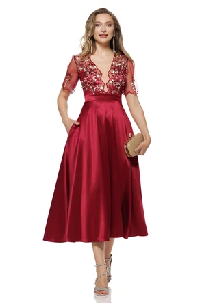 Rochie  Fofy elegantă pruna din tafta usor elastica cu bust din dantela premium