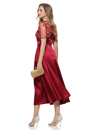 Rochie  Fofy elegantă pruna din tafta usor elastica cu bust din dantela premium
