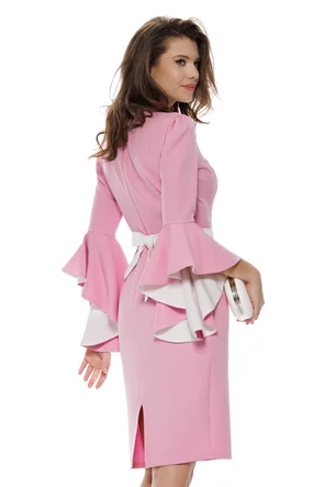 Rochie Fofy eleganta roz cu insertii albe si nasturi  tip floare si maneca clopotel