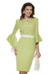 Rochie Fofy eleganta verde lime cu insertii albe si nasturi  tip floare si maneca clopotel