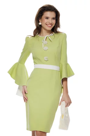 Rochie Fofy eleganta verde lime cu insertii albe si nasturi  tip floare si maneca clopotel