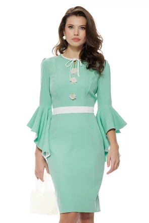 Rochie Fofy eleganta verde menta cu insertii albe si nasturi  tip floare si maneca clopotel