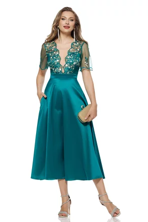 Rochie  Fofy elegantă verde smarald din tafta usor elastica cu bust din dantela premium
