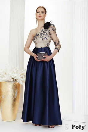 Rochie  Fofyl lunga de ocazie de LUX din tafta albastra cu bust din tull cu flori brodate