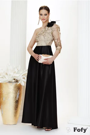 Rochie  Fofy lunga de ocazie de LUX din tafta neagra cu bust din tull cu flori brodate