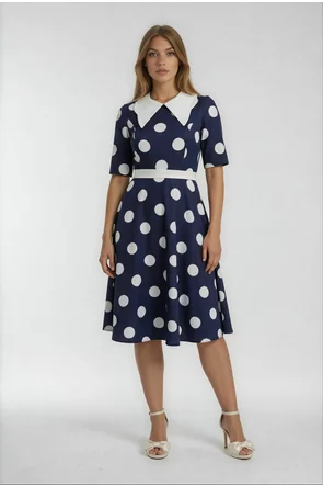 Rochie Fofy retro midi bleumarin cu buline mari albe și guler alb supradimensionat