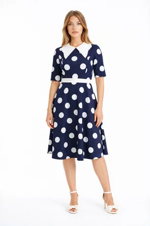 Rochie Fofy retro midi bleumarin cu buline mari albe și guler alb supradimensionat