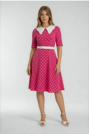 Rochie Fofy retro midi ciclame cu buline albe și guler alb supradimensionat