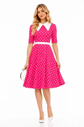 Rochie Fofy retro midi ciclame cu buline albe și guler alb supradimensionat