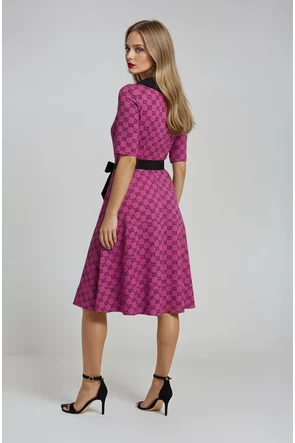 Rochie Fofy retro midi ciclame cu imprimeu negru și guler negru supradimensionat