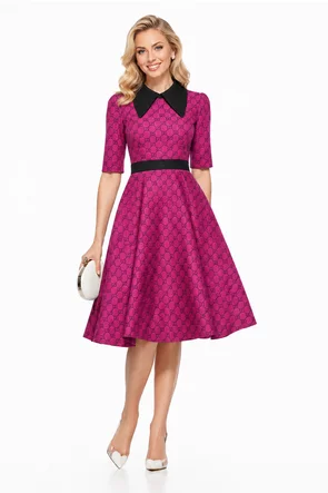 Rochie Fofy retro midi ciclame cu imprimeu negru și guler negru supradimensionat