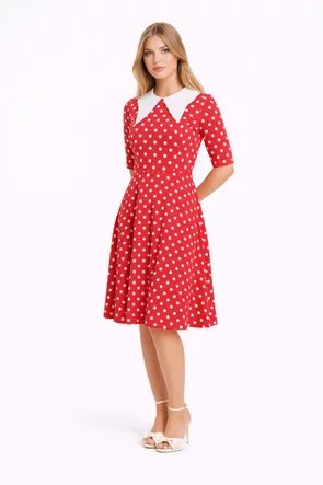 Rochie Fofy retro midi corai cu buline albe și guler alb supradimensionat