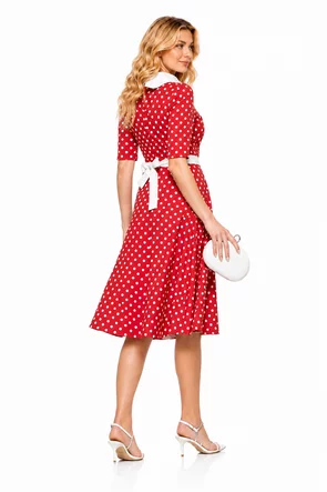 Rochie Fofy retro midi corai cu buline albe și guler alb supradimensionat