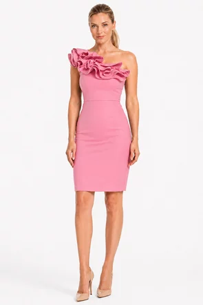 Rochie Fofy roz de ocazie asimetrica cu volane maxi pe umar