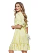 Rochie Fofy vaporoasa din voal imprimat cu dungi stilizate punch lime si volanase maneci
