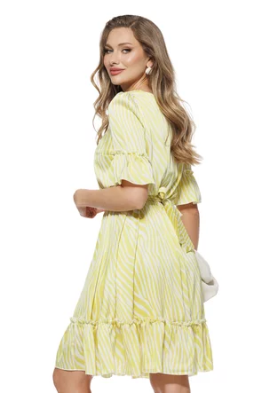 Rochie Fofy vaporoasa din voal imprimat cu dungi stilizate punch lime si volanase maneci
