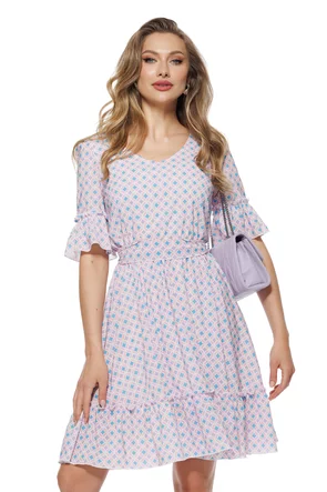 Rochie Fofy vaporoasa din voal imprimat geometric si volanase maneci si cordon