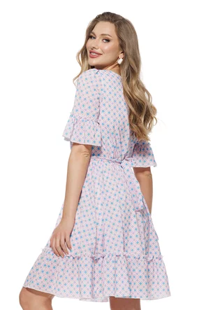 Rochie Fofy vaporoasa din voal imprimat geometric si volanase maneci si cordon