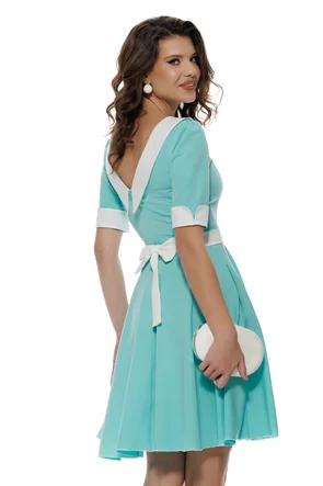 Rochie Fofy verde menta si dungulite fine cu guler retro la contrast si cordon