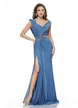 Rochie lunga de ocazie de LUX din lycra satinata albastru ciel cu fronseuri si aplicatii de cristale