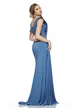 Rochie lunga de ocazie de LUX din lycra satinata albastru ciel cu fronseuri si aplicatii de cristale