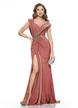 Rochie lunga de ocazie de LUX din lycra satinata dusty rose cu fronseuri si aplicatii de cristale