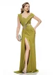 Rochie lunga de ocazie de LUX din lycra satinata fistic cu fronseuri si aplicatii de cristale