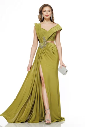 Rochie lunga de ocazie de LUX din lycra satinata fistic cu fronseuri si aplicatii de cristale