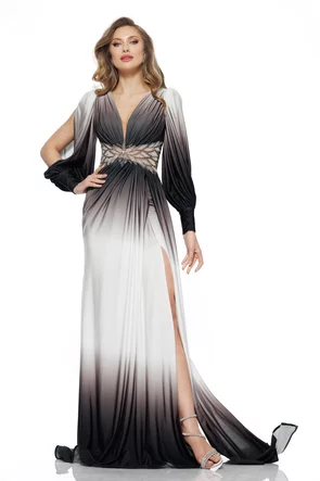 Rochie lunga de ocazie de LUX din lycra satinata in degrade cu fronseuri si aplicatii de strasuri