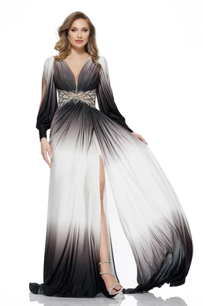Rochie lunga de ocazie de LUX din lycra satinata in degrade cu fronseuri si aplicatii de strasuri