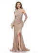 Rochie lunga de ocazie de LUX din lycra satinata mocca mousse cu aplicatii spectaculoase de perle si cristale