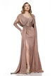 Rochie lunga de ocazie de LUX din lycra satinata mocca mousse cu drapaje spectaculoase
