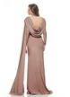 Rochie lunga de ocazie de LUX din lycra satinata mocca mousse cu drapaje spectaculoase