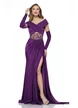 Rochie lunga de ocazie de LUX din lycra satinata mov cu fronseuri pe umeri si talie cu margele si strasuri