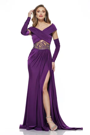 Rochie lunga de ocazie de LUX din lycra satinata mov cu fronseuri pe umeri si talie cu margele si strasuri