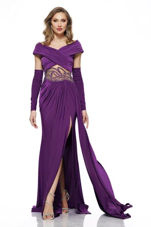 Rochie lunga de ocazie de LUX din lycra satinata mov cu fronseuri pe umeri si talie cu margele si strasuri