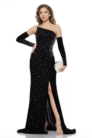 Rochie lunga de ocazie de LUX din lycra satinata neagra cu aplicatii spectaculoase de perle si cristale
