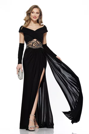 Rochie lunga de ocazie de LUX din lycra satinata neagra cu fronseuri pe umeri si talie cu margele si strasuri