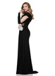 Rochie lunga de ocazie de LUX din lycra satinata neagra cu fronseuri pe umeri si talie cu margele si strasuri