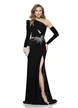 Rochie lunga de ocazie de LUX din lycra satinata neagra cu fronseuri si aplicatii de cristale
