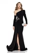 Rochie lunga de ocazie de LUX din lycra satinata neagra cu fronseuri si aplicatii de strasuri