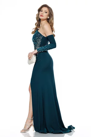 Rochie lunga de ocazie de LUX din lycra satinata verde cu spectaculoase de perle si cristale