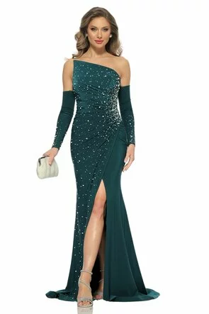 Rochie lunga de ocazie de LUX din lycra satinata verde cu spectaculoase de perle si cristale