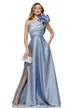 Rochie lunga de ocazie de LUX din tafta baby blue cu volan maxi pe un umar